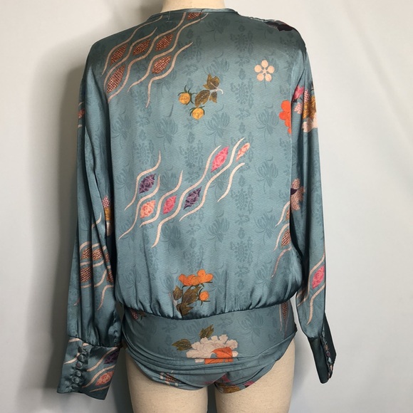 #134 Zara accessories long sleeved teal floral Faux Silk bodysuit Small - Picture 14 of 15